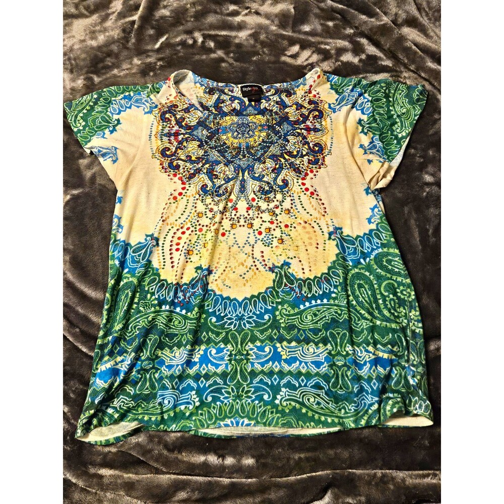 Style & Co. Women's M Multicolor Paisley Rhinestone Scoop Neck Short Sleeve Tee